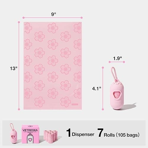 VETRESKA Dog Poop Bag Dispenser with Cherry Blossom Scented Poop Bags, Leak Proof and Extra Thick Pet Waste Bags, 1 Poop Bag Holder and 105 Bags for Dog Walking and Cats Litter, Pink thumbnail 7