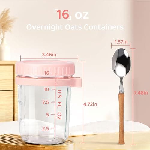 HomArtist Glass Overnight Oats Containers with Lids and Spoon, 16oz Wide Mouth Mason Jars for Overnight Oats, Cereal, Yogurt, Salad Lunch Container with Measurement Marks - Pink 4 Pack thumbnail 3
