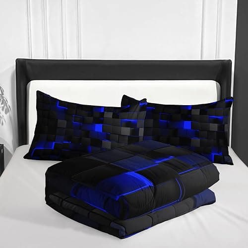 Nttopship Geometric Blue Black Comforter Set,Light Honeycomb 3 Piece Bedding Set Twin Size for Teen Boys,Modern Quilt Set Geometry Decor,Microfiber Lightweight 1 Comforter 2 Pillowcases All Season - Blue - Twin thumbnail 4