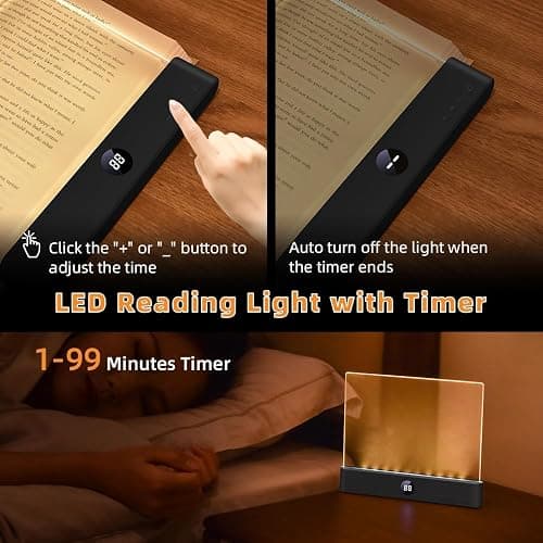 Choudao LED Book Light & Night Light 2 in 1, Flat Reading Light, Black | 3 Color Temperatures & Stepless Dimming, USB Rechargeable Full Page Light with Timer for Night Reading in Bed thumbnail 3