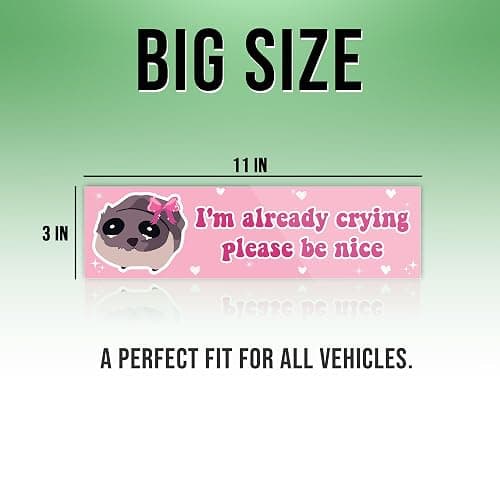 Funny Sad Hamster Meme Bumper Sticker I'm Already Crying Please Be Nice Pink 11x3in Sticker, Funny Bumper Sticker for Car Truck, Waterproof UV-Resistant Sticker thumbnail 2