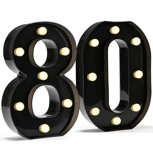 Pooqla Black Light Up Numbers, 80th Birthday Decorations for Men | Marquee Numbers Black Party Decorations, Plastic Number Sign Battery Operated 80th Anniversary Birthday Gift for Him Men - Image 1