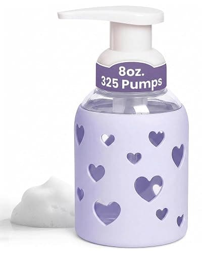 SoCal Suds & Company Foaming Hand Soap Dispenser Glass, Soft Purple, 8oz | Liquid Soap Pump w/ Heart Silicone Sleeve, Refillable Bottle for Kids, Baby Wash & Shampoo, Ideal for Bathroom & Kitchen Use - Image 1