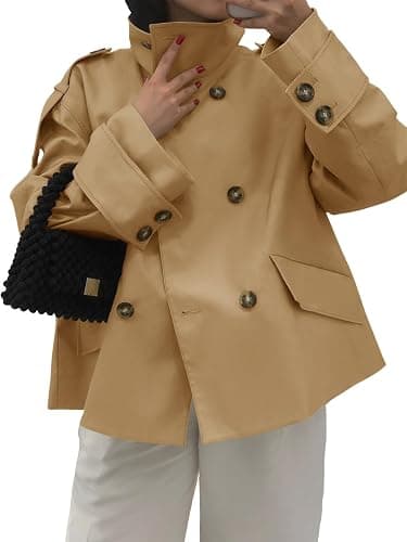 Tankaneo Womens Short Trench Coat Oversized Double Breasted Stand Collar Cropped Jacket Fall Casual Work Outerwear - Image 1