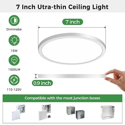 zemty 7 inch White Led Ceiling Light Fixture, 3000K/3500K/4000K/5000K/6500K Adjustable Flush Mount Light, 1500LM 15W Thin Round Recessed Lamp for Kitchen Bathroom Bedroom, 6Pack thumbnail 5