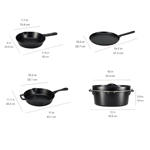 Amazon Basics Pre-Seasoned Cast Iron 5-Piece Cookware Set, Oven Safe, Cooks Evenly, 14.17 x 12.2 x 10.63 in, Black thumbnail 3
