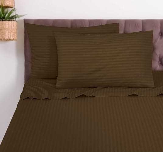 ROYALE LINENS 4 Piece Full Sheets Set - Soft Brushed Microfiber Bedding - 1 Fitted, 1 Flat Sheet, 2 Pillow Cases - Wrinkle Free & Fade Resistant - Hotel Luxury Bed Sheets (Stripe Chocolate, Full) thumbnail 8