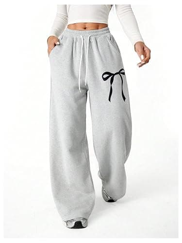 Verdusa Girl's Bowknot Baggy Sweatpants Straight Leg Athletic Pants with Pockets - 10 Years - Grey thumbnail 3