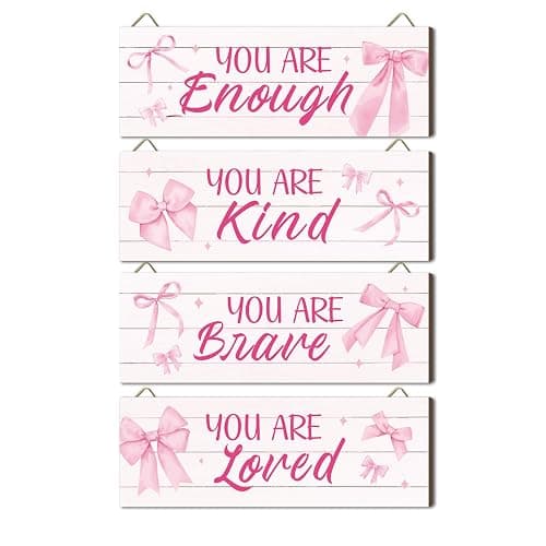 Dazzlewall 4Pcs Pink Inspirational Wall Decor, Bow Tie Wooden Signs for Living Room Bathroom Girls Bedroom Wall Decor Gallery Hanging Plaques, 11.4x3.9 in - Image 1