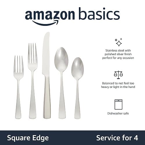 Amazon Basics 20-Piece Stainless Steel Flatware Set with Square Edge, Service for 4, Silver thumbnail 3