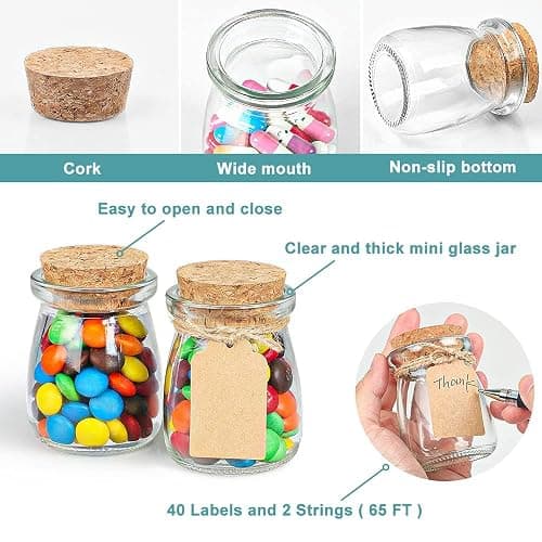 Ritayedet 40 Pack Glass Favor Jars with Cork Lid, 3.4 oz Small Glass Bottles for Wedding Favor, Baby Shower, Party Favor, Gift Jars for Candy, Bonus Twine and Labels thumbnail 6