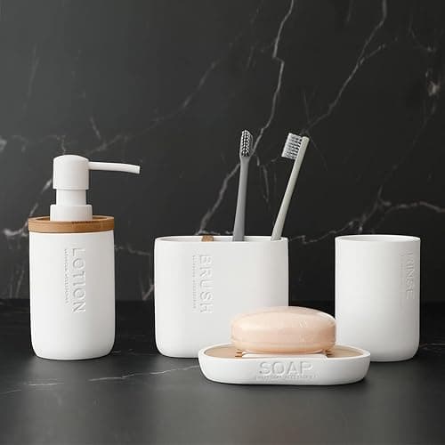 Toothbrush Holders Bamboo Electric Toothbrush Holder Bathroom Storage Organizer Countertop for Toothpaste, Floss, Razor, White thumbnail 9