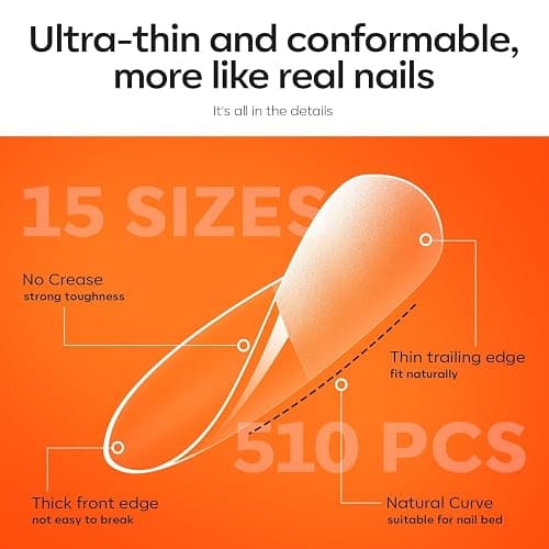 modelones Gel Nail Kit Almond, Upgrade 15Sizes Fake Nails, 9-in-One Glue Dehydrator & Mini U V Light Clipper, 510Pcs Medium Almond Press on Tips for Extension DIY Salon Home Gift thumbnail 9