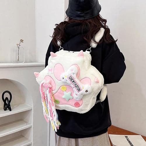 Kawaii Cat's Paw Shaped Plush Backpack With Stars and Tassels for Women Cute Y2K Furry Pentagram Bag Large Capacity (Pink) thumbnail 5