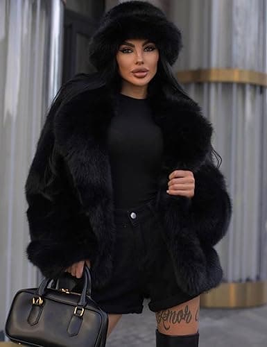 Flygo Women's Faux Fur Coat Fluffy Faux Fur Jacket Long Sleeve Lapel Furry Winter Jackets Shaggy Parka Short Coat thumbnail 2