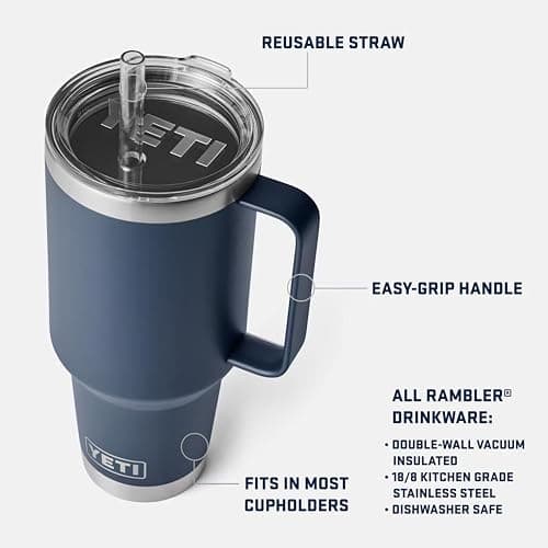 YETI Rambler 42 oz Tumbler with Handle and Straw Lid, Travel Mug Water Tumbler, Vacuum Insulated Cup with Handle, Stainless Steel, Cherry Blossom - Textured thumbnail 3