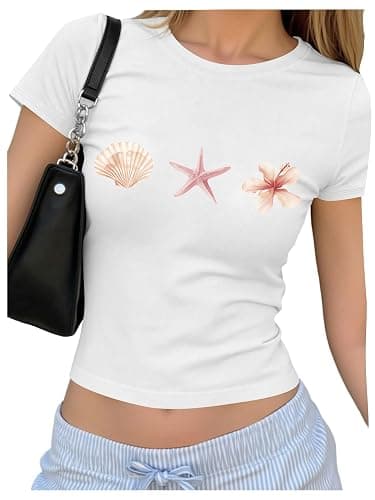 RoseSeek Girl's Floral Graphic Crop Top Slim Fit Short Sleeve Summer Tops | Preppy Y2K Style, Cute Summer Tops for Teens, Trendy Clothes for Girls 10-12 - Image 1