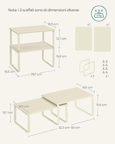 SONGMICS Scaffale Portaspezie, Set di 2 Organizzatori da Cucina Espandibili, Scaffale da Cucina Impilabile, Metallo e Legno Ingegnerizzato, Bianco Crema KCS002W02 thumbnail 3