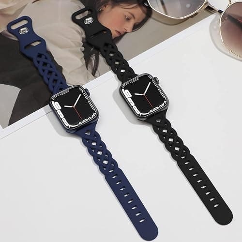 Braided Silicone Bands Compatible with Apple Watch 38mm 40mm 41mm 42mm 44mm 45mm 46mm 49mm for Women, Slim Thin Narrow Hollow-out Strap Cute for iWatch Ultra 2 Series 10/SE/9/8/7/6/5/4/3/2/1 Women thumbnail 3