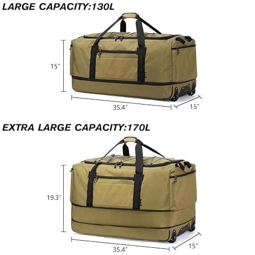 Laripwit Sac de Voyage Pliable à roulettes XXL 130-170L Extensible Sac de Sport avec roulettes 36'' Extra Large Sac à Bagages Souple avec Poignées Multiples, Marron thumbnail 4