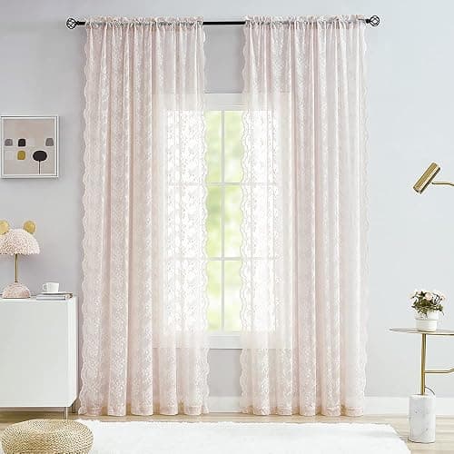 YJ YANJUN Vintage Lace Curtains 84 Inches Long-Victorian Floral Dusty Pink Sheer Curtain Panels for Living Room Bedroom Dining Room, Light Filtering, Shabby Chic Girls Drapes 2 Panels 52W x 84L thumbnail 4