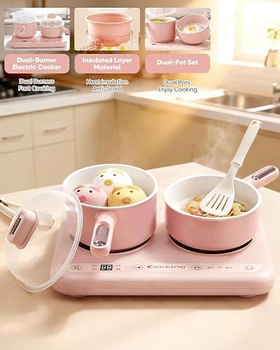 Kids Cooking Sets Real Electric Dual Stove - Montessori Real Cooking Set with Mini Kitchen Tools, Safe Utensils, Apron & Cookware - Great for Pretend Play Montessori Learning (Pink) thumbnail 4