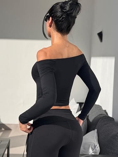 YEOREO Ease Women Off Shoulder Long Sleeve Shirts Double Lined Basic Top | Under Shirt Y2K Going Out Tops thumbnail 3