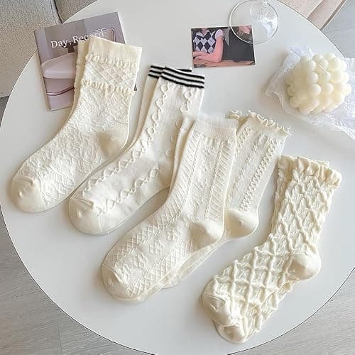 5 Pair Cute Beige Ruffle Frilly Rib Knit Crew Socks - Cottagecore Casual Ankle Coquette Kawaii Floral thumbnail 7