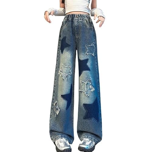 Kids Girls Star Jeans Baggy Elastic Waist Wide Leg Denim Pants Buttons Casual Preppy Streetwear Trousers with Pockets - Image 1
