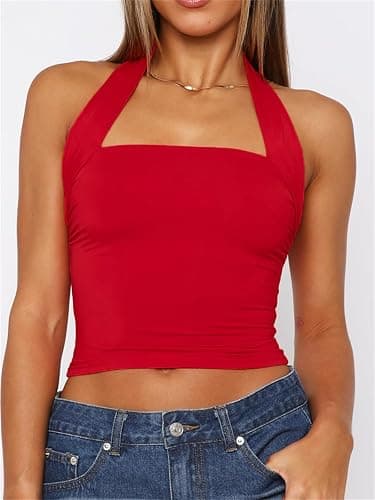 TiulZial Women Sexy Halter Neck Backless Tank Top Open Back Sleeveless Slim Fit Y2k Summer Tops - Red - Small thumbnail 4