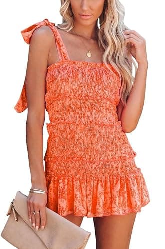 chouyatou Women's Summer Floral Spaghetti Strap Square Neck Ruffle Tie Mini Smocked Dress - Image 1