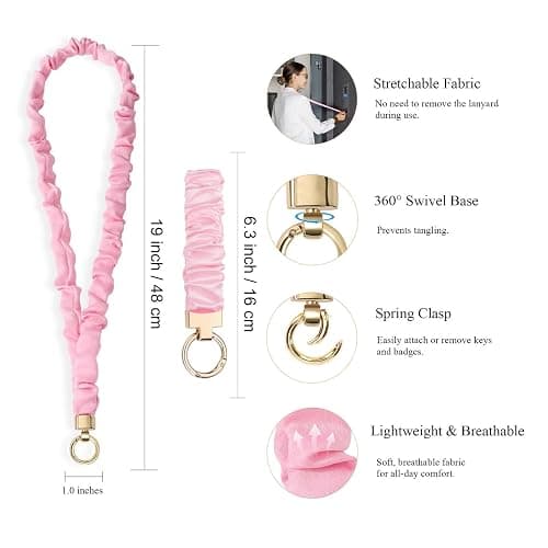 Pink Stretchy Scrunchie Lanyard & Wristlet Set with ID Badge Holder for Women, Teachers, Nurses, Cruise Ship Staff - Cute Neck Lanyard for Keys thumbnail 3