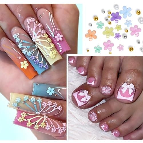 3D Flower Nail Charms, 2 Boxes 3D Acrylic Flower Nail Art Charms and Gems White Pink Mixed Cherry Blossom Spring Rhinestones Acrylic Nail Supplies with Pearls Manicure DIY Nail Decorations thumbnail 4