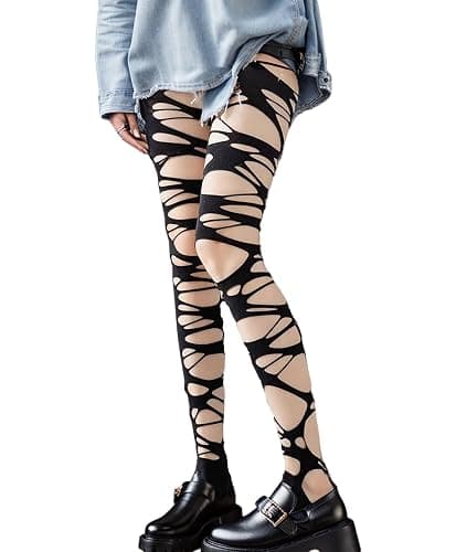 Mingnos Women's Ripped Tights Punk Goth Distressed Leggings Irregular Fishnet Stockings Y2K Ragged Pantyhose Hosiery thumbnail 2