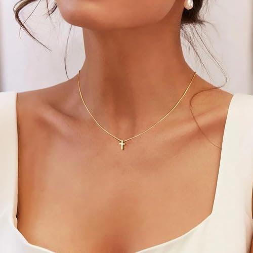 Christmas Stocking Stuffers Cross Necklace for Women Girls, Dainty Cute 14K Gold Silver Plated Cross Pendant Jewelry Non Tarnish Waterproof Simple Small Necklace Christian Baptism Religious Faith Gifts thumbnail 3
