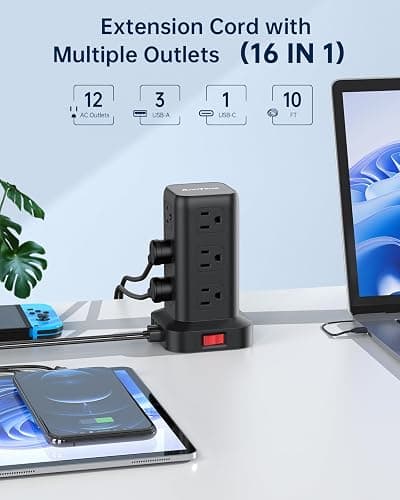 AnnTane Surge Protector Power Strip 10 FT Cord, Power Strip Tower with 4 USB Ports (1USB C), Extension Cord with 12 AC Multiple Outlets, Home Office Supplies Desk Accessories, Dorm Room Essentials thumbnail 2