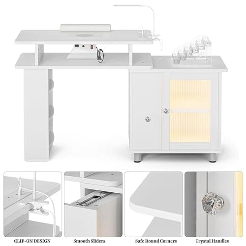 Paddie Manicure Table Nail Desk with LED Lamp & Light, Glass Cabinet Door Nail Table Station w/Dust Collector, Charging Station, Removable Acrylic Container, Cabinet and Drawer(White-New) thumbnail 8