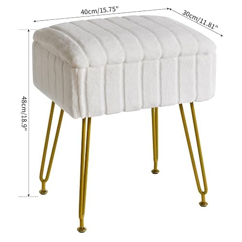 IBUYKE Stool Chair with Storage Space, Footrest Footstool Ottoman, Small Side Table, with 4 Metal Legs, with Anti-Slip Feet, for Makeup Room, Bedroom, Faux Fur, White L/G-50W thumbnail 3