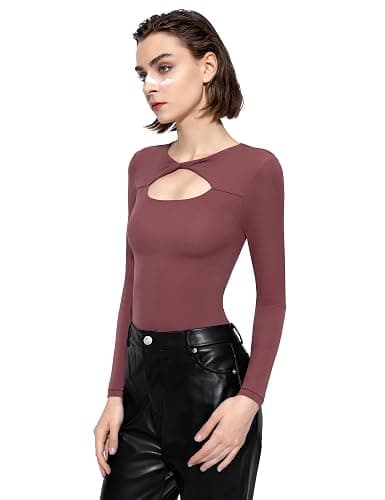 PUMIEY Women's Knot Front Long Sleeve Bodysuit Crew Neck Body Suits Sexy Tops Smoke Cloud Pro Collection thumbnail 3