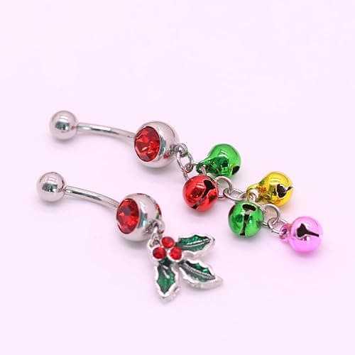 FLOGWE 316L 2 PCS Christmas Dangle Mistletoe Belly Button Rings 14G Stainless Steel Jingling Bell Navel Rings for Women Belly Piercing Jewelry thumbnail 4