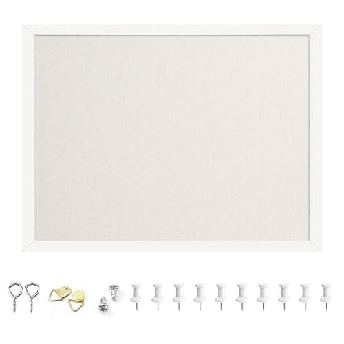 OWLKELA Linen Cork Bulletin Board, 12"x16" | White Wood Frame, with 10 Pushpins, Ideal for School, Home & Office - Image 1