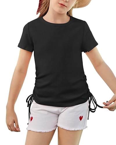 Imily Bela Girls Tees Shirts Cute Crew Neck Short Sleeve Side Drawstring Solid Tops Kids Children Summer Clothes thumbnail 2