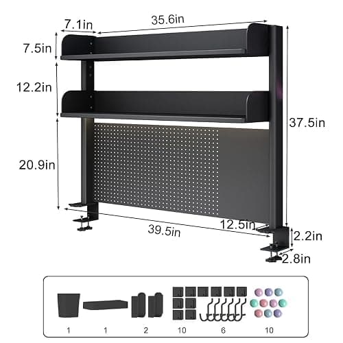 OXBZKMY Clamp on Desk Shelf with Pegboard, Black Desktop Organization Bookshelf Storage Shelves for Home Office Dorm Gaming Desk, Space Saving Tabletop Display Rack (Black, 39.5(W) x37.5in(H)) thumbnail 3