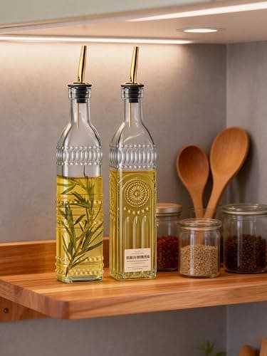 Ruiao 2 Pcs Olive Oil Dispenser Bottle for Kitchen,17oz Clear Glass Cooking Oil and Vinegar Dispenser Set, Coffee Syrup Dispenser with 2 Pourers and 1 Funnel (Two squares) thumbnail 2