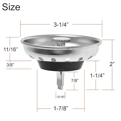 2 Pack - Kitchen Sink Strainer and Stopper Combo Basket Replacement for Standard 3-1/2 inch Drain, Stainless Steel Basket with Plastic Knob, Rubber Stopper Bottom - Hilltop Products thumbnail 2