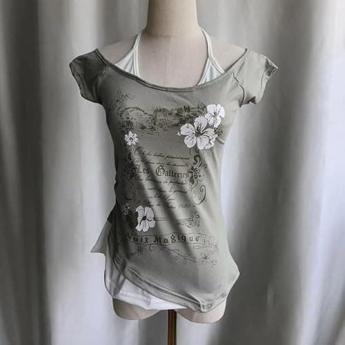 Baby Tee Y2k Women Grunge Top Emo 2000s Vintage Fake Two Piece Short Sleeve T Shirt Crop Tops Teens thumbnail 6