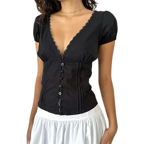 Women Y2k Fairy Grunge Babydoll Top Cute Puff Sleeve Lace Trim Button Shirt Vintage Summer Slim Fit Going Out Blouse - Image 1