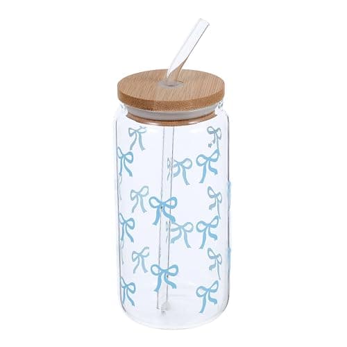 VALICLUD Cute Glass Tumbler with Straw and Lid, Large Capacity High-temperature Resistant Juice and Coffee Cup, Blue Bowknot Design with Wooden Lid for Iced Drinks and Water - Image 1
