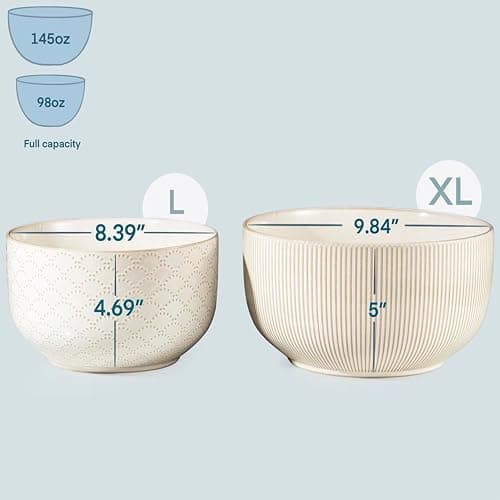 Mikiegy Ceramic Mixing Bowls Set of 4, Nesting Ceramic Embossment Stoneware Mixing Bowls for Cooking, Serving, Popcorn, Salad etc, Microwave & Dishwasher Safe, 20/44/98/145 oz, Off-White thumbnail 7