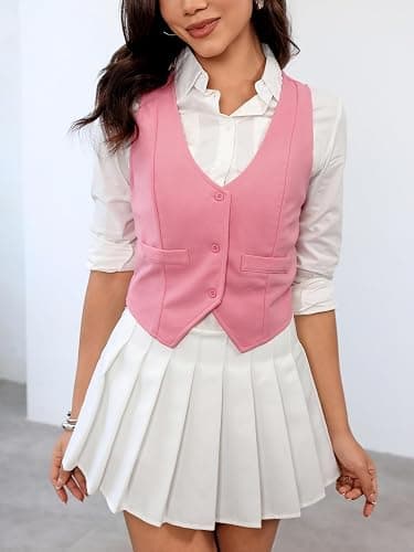 SweatyRocks Women's Solid Button Front Crop Waistcoat V Neck Sleeveless Blazers Vest Tops thumbnail 6